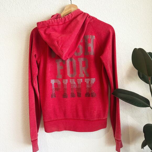 Victoria's Secret Tops - VTG Pink Victoria's Secret Zip Up Hoodie Medium Logo Y2K Bling Rhinestone